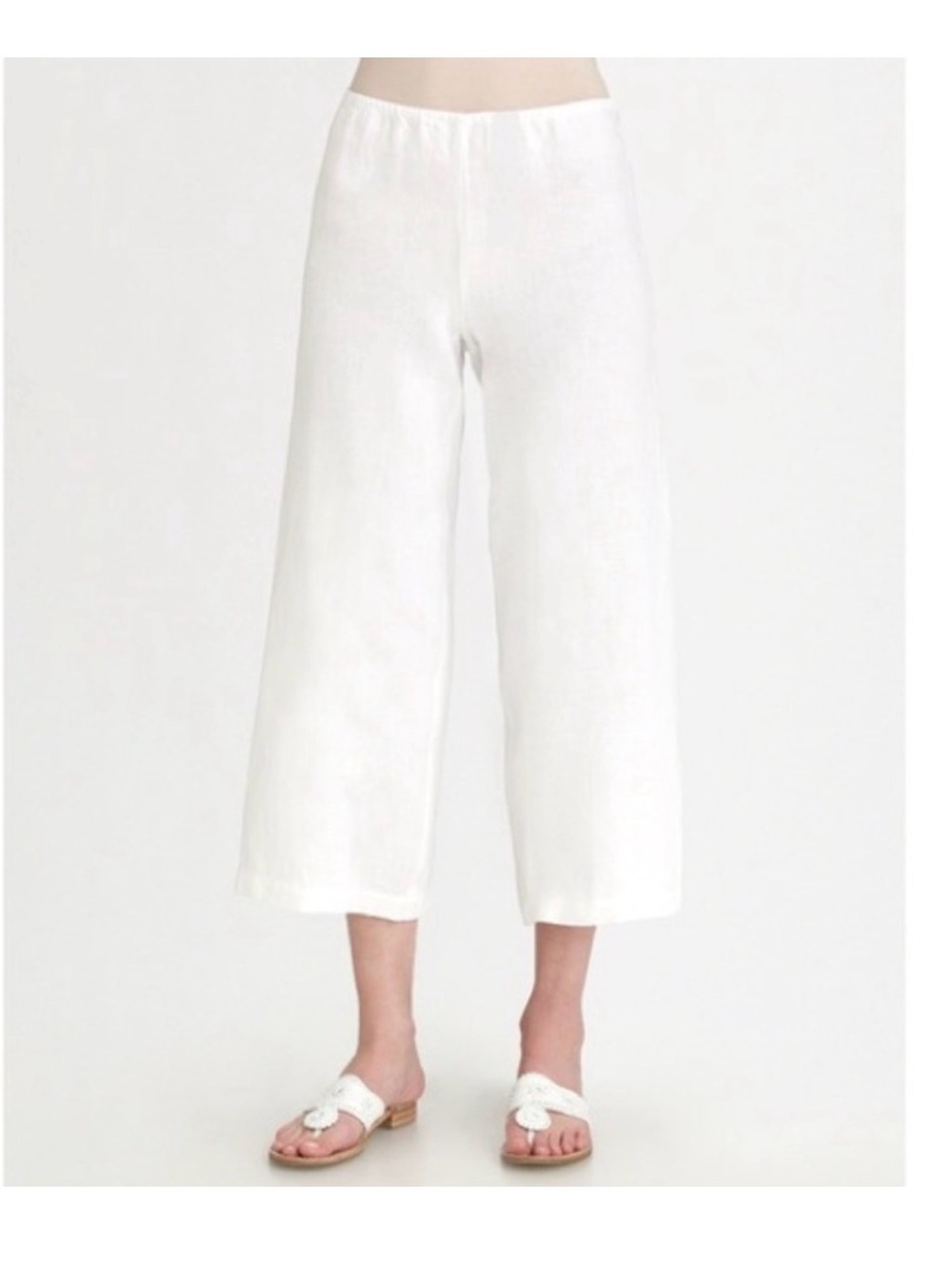 Eileen Fisher White 100% Linen Wide Leg Cropped Pants Size L Elastic Waist